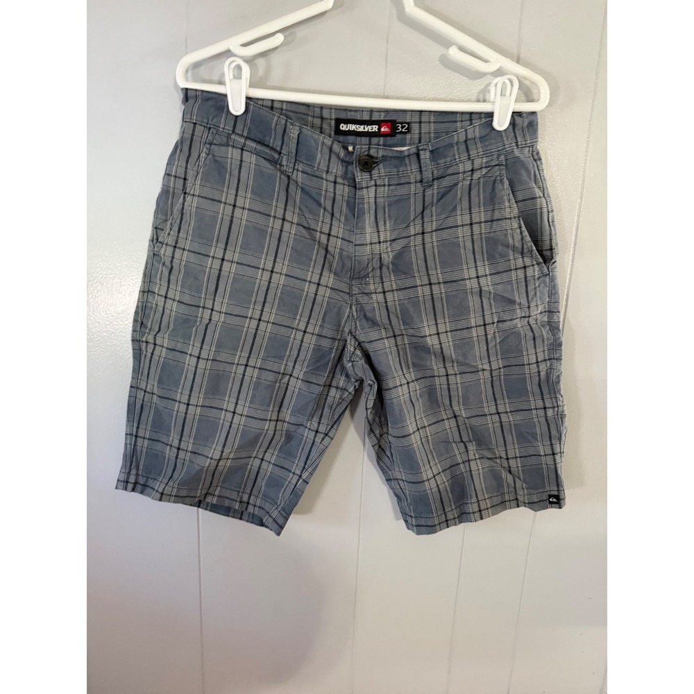 Quiksilver Plaid Shorts Mens 32 Blue Grey Flat Front Casual Summer Surf Skate